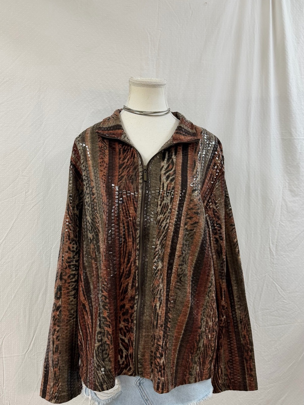Women's Brown Multi-Pattern Zip Front Blazer Jacket